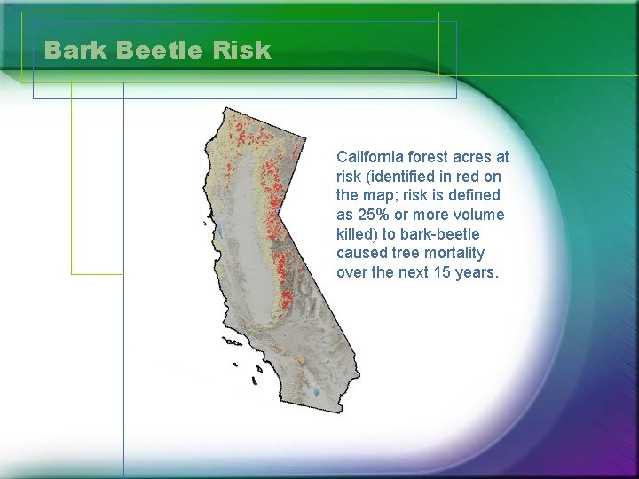 Bark Beetle Risk California forest acres at risk (identified in red on the map;