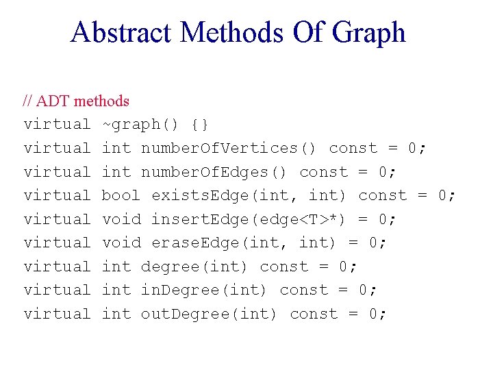 Abstract Methods Of Graph // ADT methods virtual ~graph() {} virtual int number. Of.