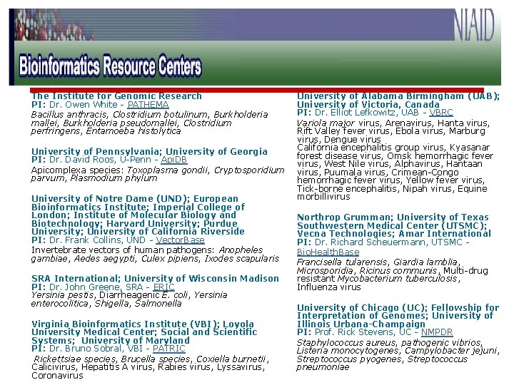 The Institute for Genomic Research PI: Dr. Owen White - PATHEMA Bacillus anthracis, Clostridium