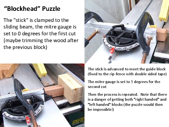 “Blockhead” Puzzle The "stick" is clamped to the sliding beam, the mitre gauge is