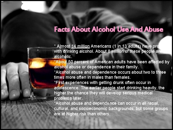 Facts About Alcohol Use And Abuse * Almost 14 million Americans (1 in 13