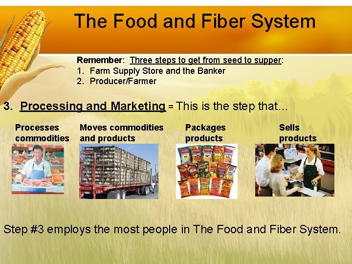 The Food and Fiber System Remember: Three steps to get from seed to supper: