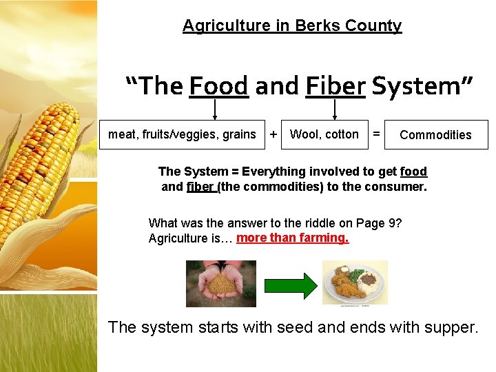 Agriculture in Berks County “The Food and Fiber System” meat, fruits/veggies, grains + Wool,