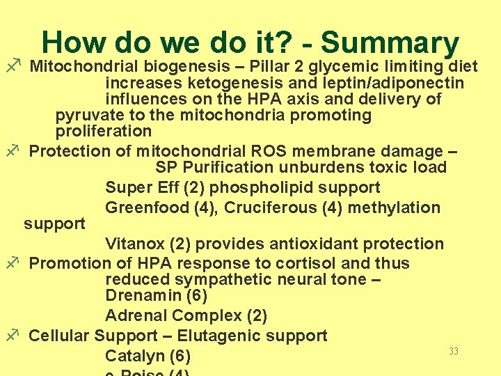 How do we do it? - Summary f Mitochondrial biogenesis – Pillar 2 glycemic