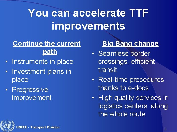 You can accelerate TTF improvements Continue the current path • Instruments in place •