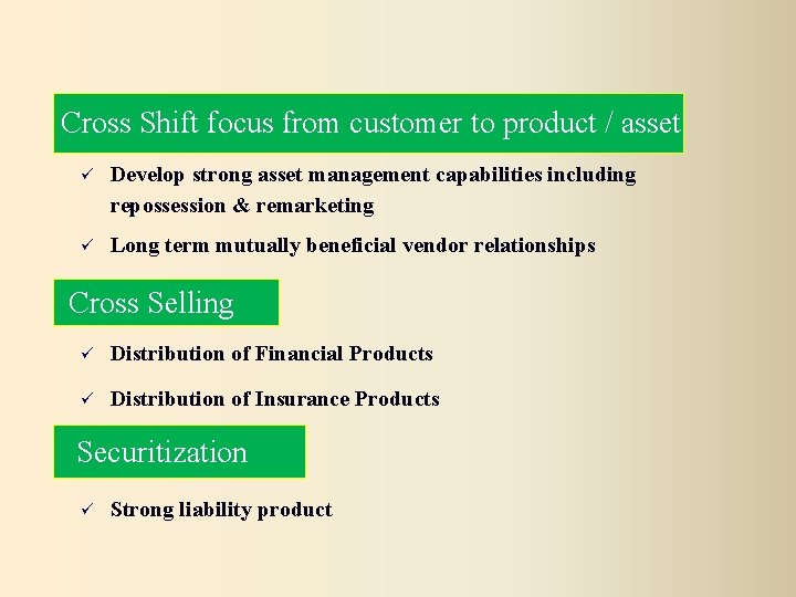  Cross Shift focus from customer to product / asset Develop strong asset management