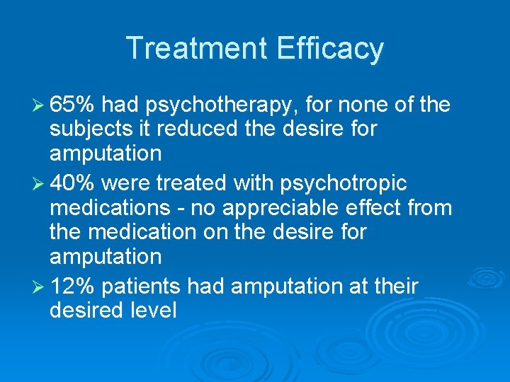 Treatment Efficacy Ø 65% had psychotherapy, for none of the subjects it reduced the Treatment Efficacy Ø 65% had psychotherapy, for none of the subjects it reduced the
