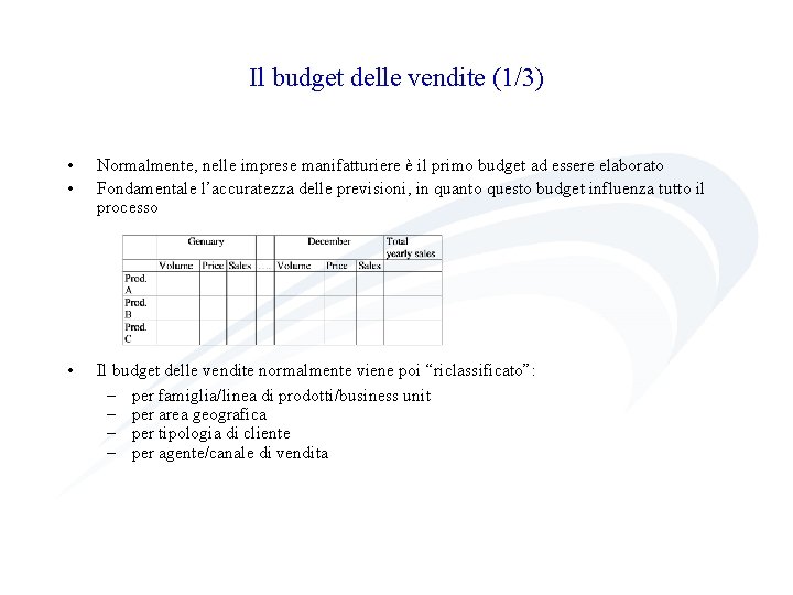 Il budget delle vendite (1/3) • • Normalmente, nelle imprese manifatturiere è il primo