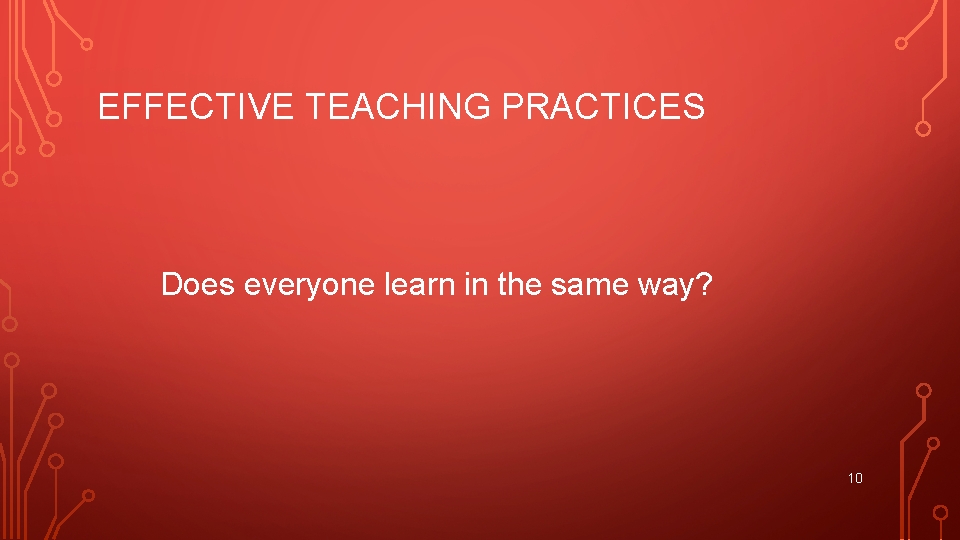 EFFECTIVE TEACHING PRACTICES Does everyone learn in the same way? 10 