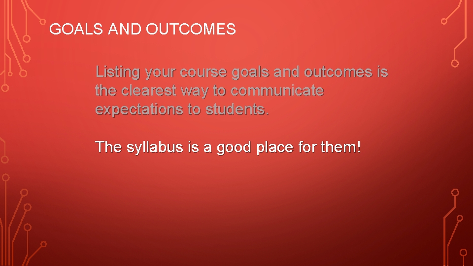 GOALS AND OUTCOMES Listing your course goals and outcomes is the clearest way to