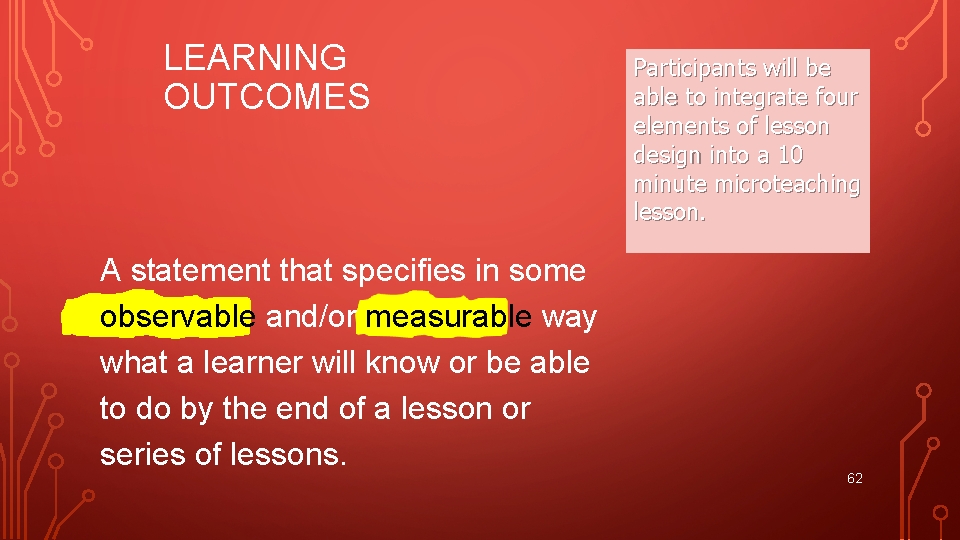 LEARNING OUTCOMES A statement that specifies in some observable and/or measurable way what a