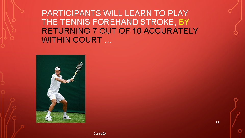 PARTICIPANTS WILL LEARN TO PLAY THE TENNIS FOREHAND STROKE, BY RETURNING 7 OUT OF