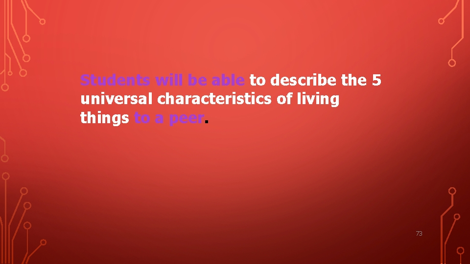 Students will be able to describe the 5 universal characteristics of living things to