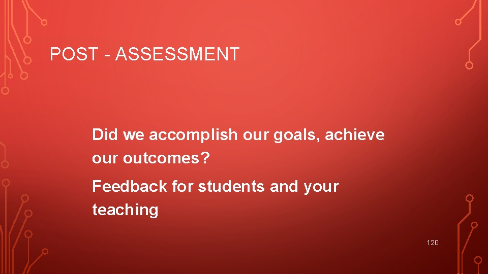 POST - ASSESSMENT Did we accomplish our goals, achieve our outcomes? Feedback for students