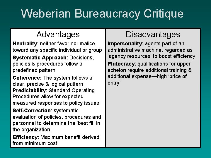 Weberian Bureaucracy Critique Advantages Disadvantages Neutrality: neither favor nor malice toward any specific individual