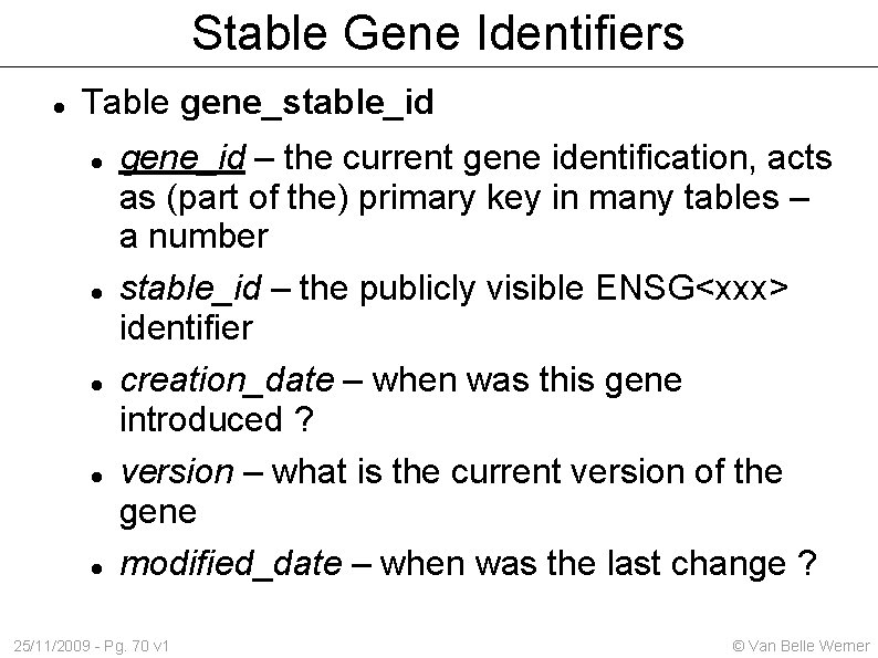 Stable Gene Identifiers Table gene_stable_id gene_id – the current gene identification, acts as (part