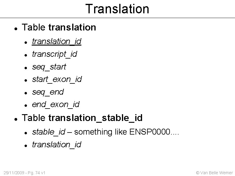 Translation Table translation_id transcript_id seq_start_exon_id seq_end end_exon_id Table translation_stable_id – something like ENSP 0000.