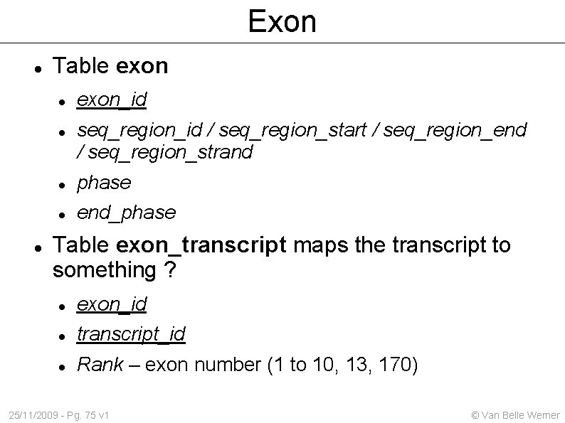 Exon Table exon exon_id seq_region_id / seq_region_start / seq_region_end / seq_region_strand phase end_phase Table