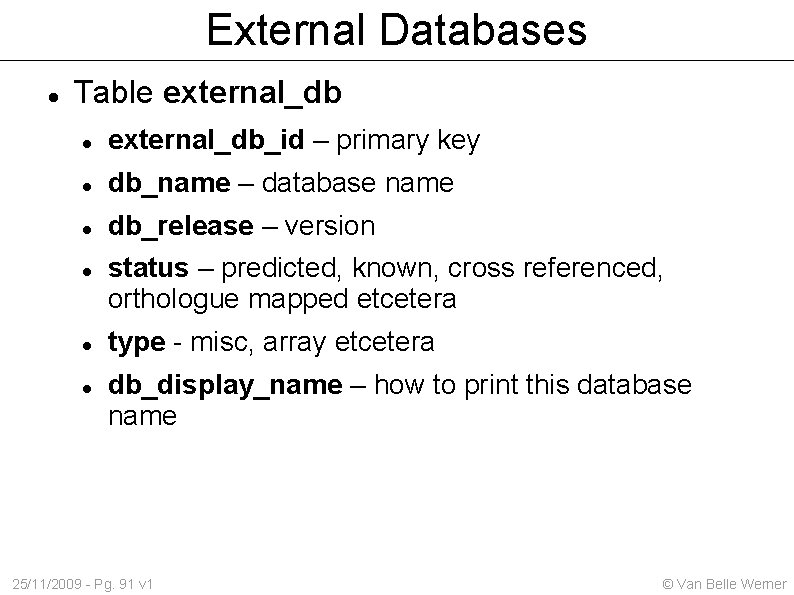 External Databases Table external_db_id – primary key db_name – database name db_release – version