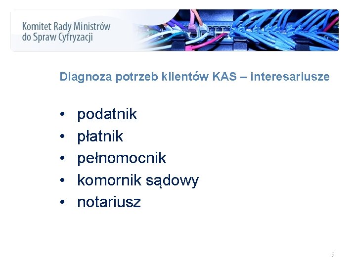 Diagnoza potrzeb klientów KAS – interesariusze • • • podatnik płatnik pełnomocnik komornik sądowy