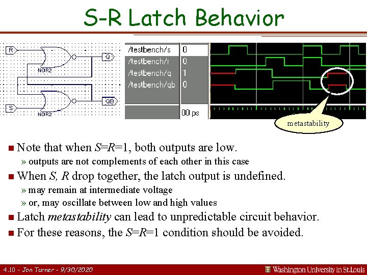 S-R Latch Behavior metastability n Note that when S=R=1, both outputs are low. »