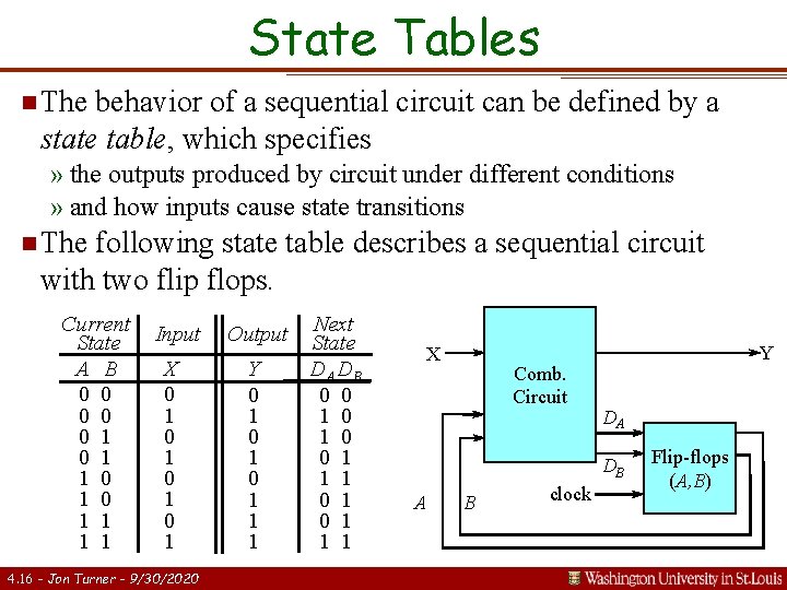 State Tables n The behavior of a sequential circuit can be defined by a