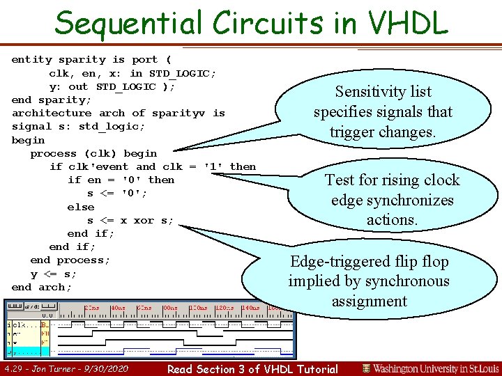 Sequential Circuits in VHDL entity sparity is port ( clk, en, x: in STD_LOGIC;