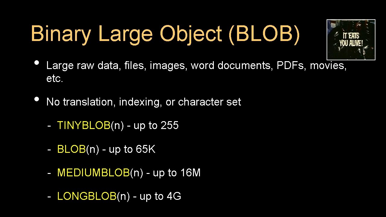 Binary Large Object (BLOB) • • Large raw data, files, images, word documents, PDFs,