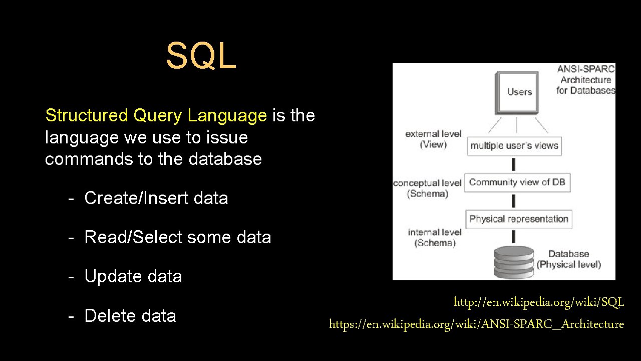 SQL Structured Query Language is the language we use to issue commands to the