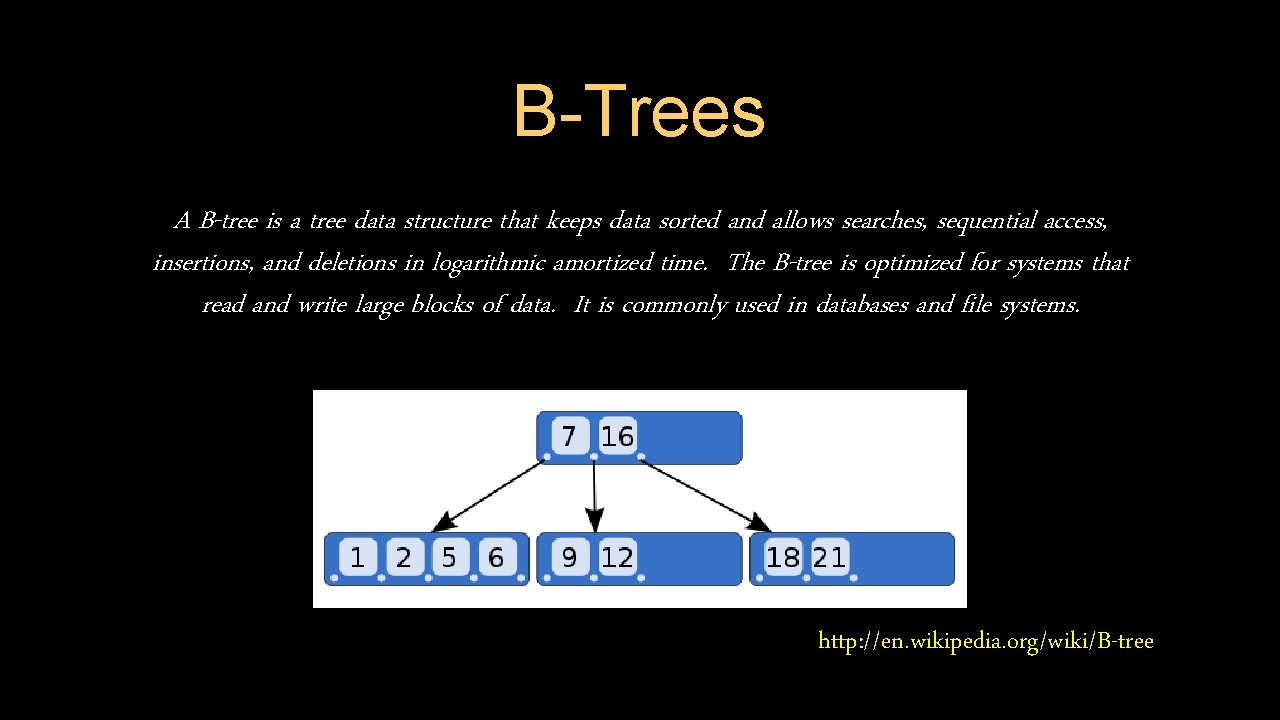 B-Trees A B-tree is a tree data structure that keeps data sorted and allows