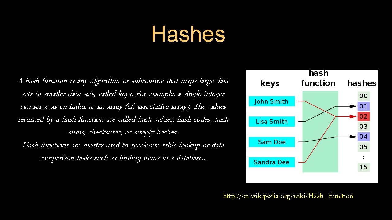 Hashes A hash function is any algorithm or subroutine that maps large data sets