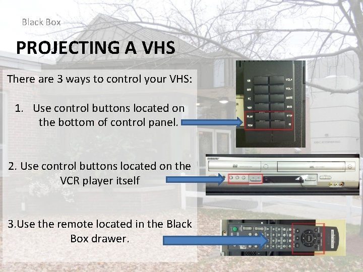 Black Box PROJECTING A VHS There are 3 ways to control your VHS: 1.