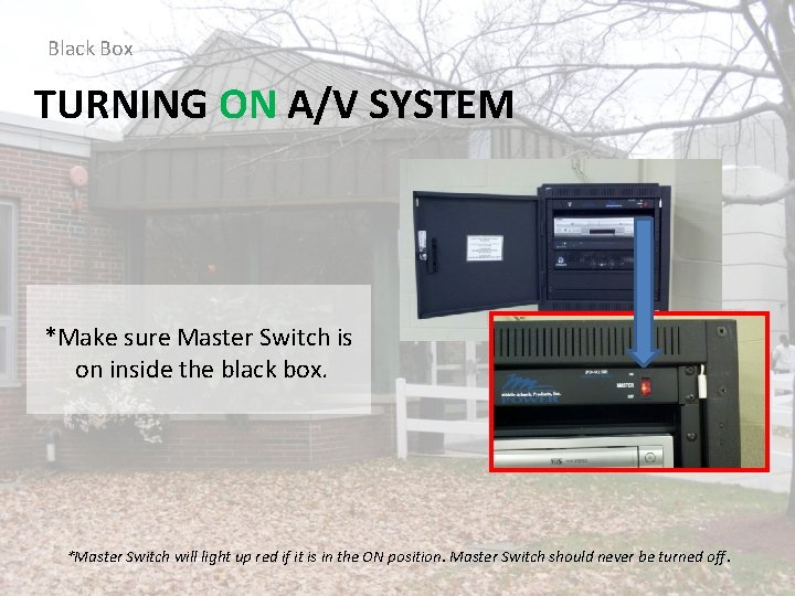 Black Box TURNING ON A/V SYSTEM *Make sure Master Switch is on inside the