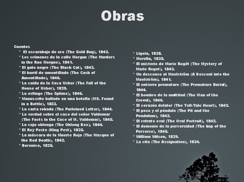 Obras Cuentos * El escarabajo de oro (The Gold Bug), 1843. * Los crímenes