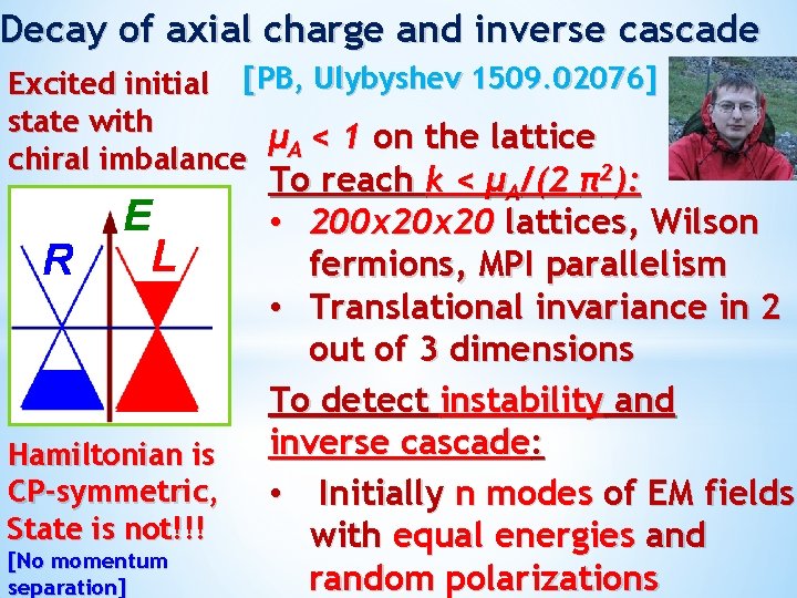 Decay of axial charge and inverse cascade Excited initial [PB, Ulybyshev 1509. 02076] state