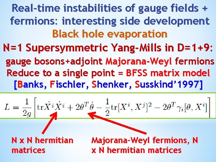 Real-time instabilities of gauge fields + fermions: interesting side development Black hole evaporation N=1