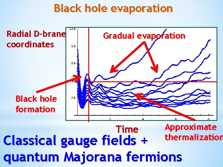 Black hole evaporation Radial D-brane coordinates Gradual evaporation Black hole formation Time Approximate thermalization