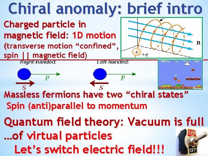 Chiral anomaly: brief intro Charged particle in magnetic field: 1 D motion (transverse motion