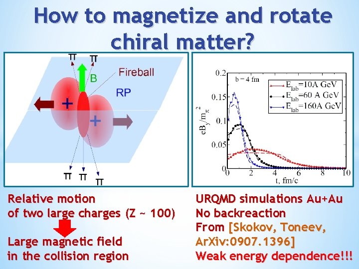 How to magnetize and rotate chiral matter? Relative motion of two large charges (Z
