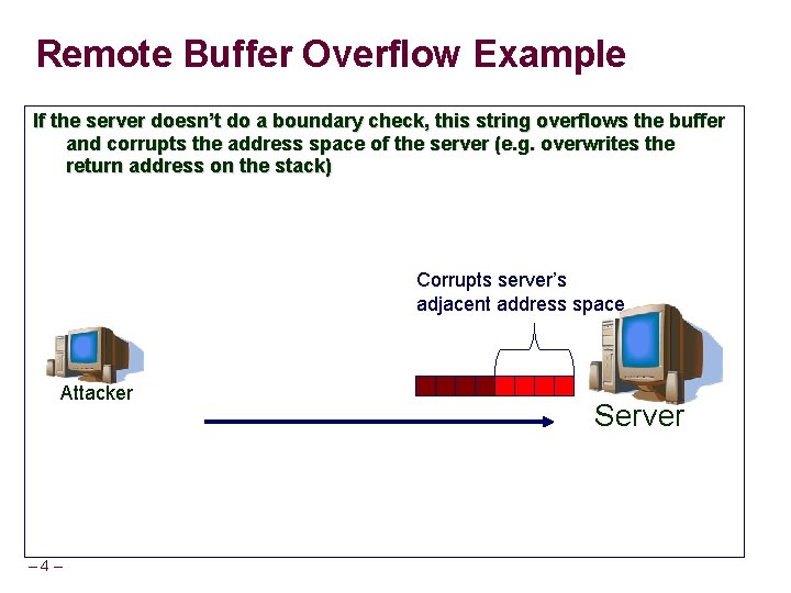 Remote Buffer Overflow Example If the server doesn’t do a boundary check, this string