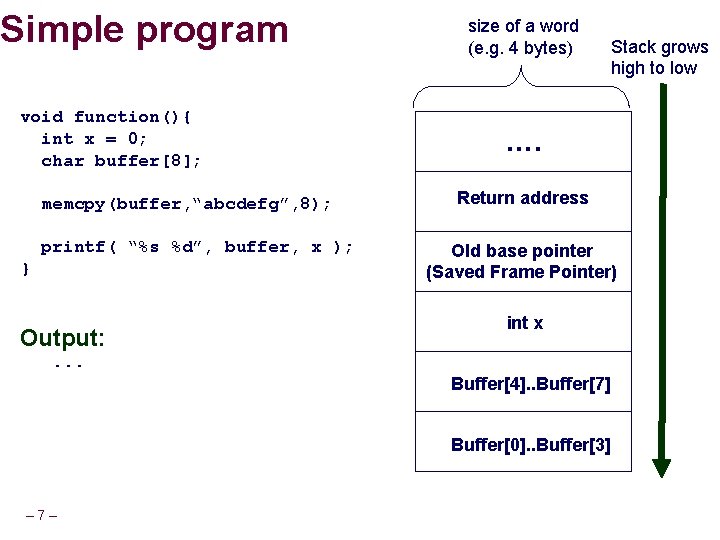 Simple program void function(){ int x = 0; char buffer[8]; memcpy(buffer, “abcdefg”, 8); printf(