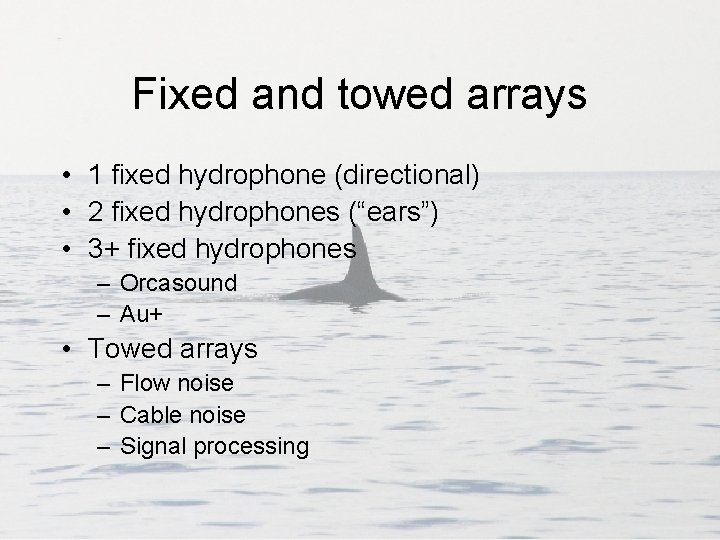 Fixed and towed arrays • 1 fixed hydrophone (directional) • 2 fixed hydrophones (“ears”)