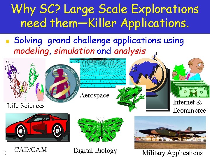 Why SC? Large Scale Explorations need them—Killer Applications. n Solving grand challenge applications using