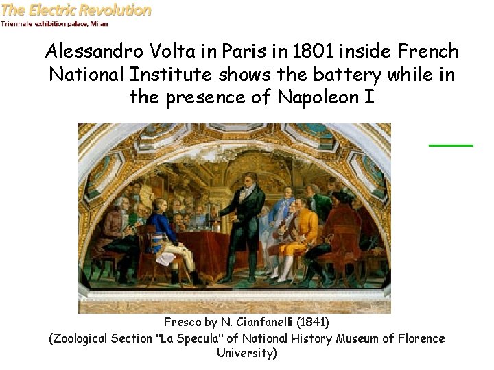 Alessandro Volta in Paris in 1801 inside French National Institute shows the battery while