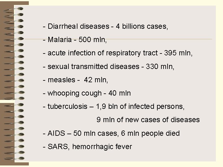  Diarrheal diseases 4 billions cases, Malaria 500 mln, acute infection of respiratory tract