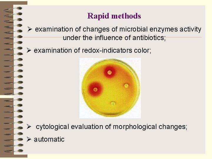 Rapid methods Ø examination of changes of microbial enzymes activity under the influence of