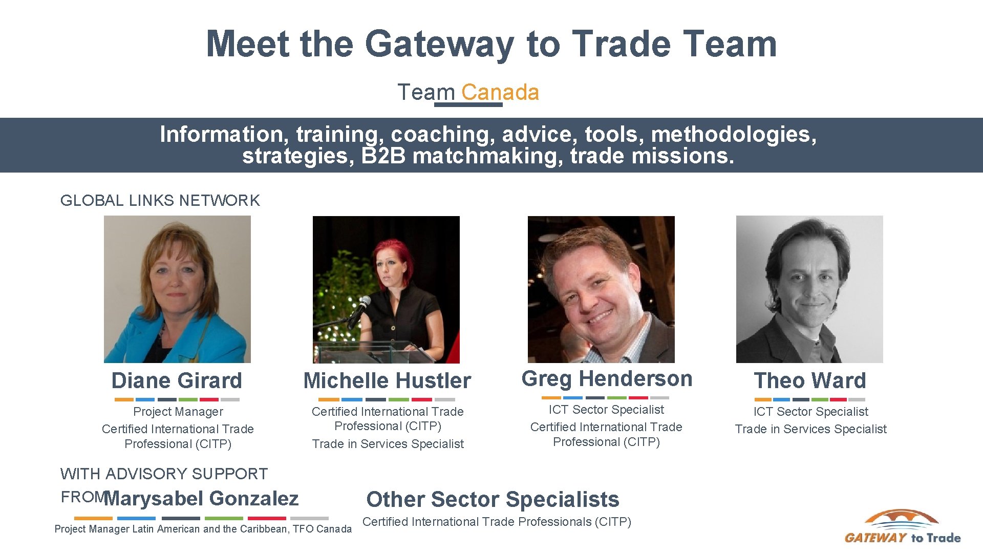 Meet the Gateway to Trade Team Canada Information, training, coaching, advice, tools, methodologies, strategies,