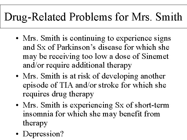 Drug-Related Problems for Mrs. Smith • Mrs. Smith is continuing to experience signs and