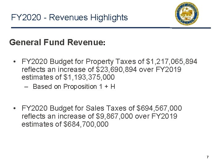 FY 2020 - Revenues Highlights General Fund Revenue: • FY 2020 Budget for Property
