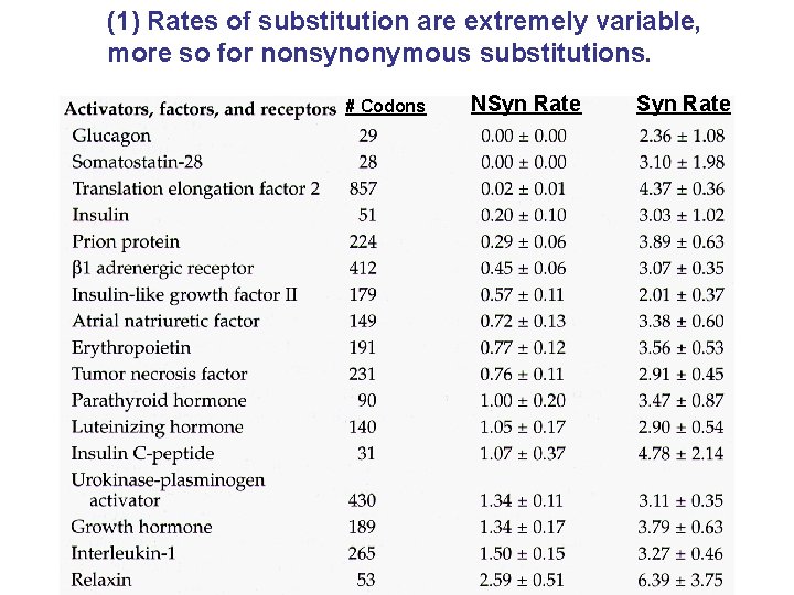 (1) Rates of substitution are extremely variable, more so for nonsynonymous substitutions. # Codons